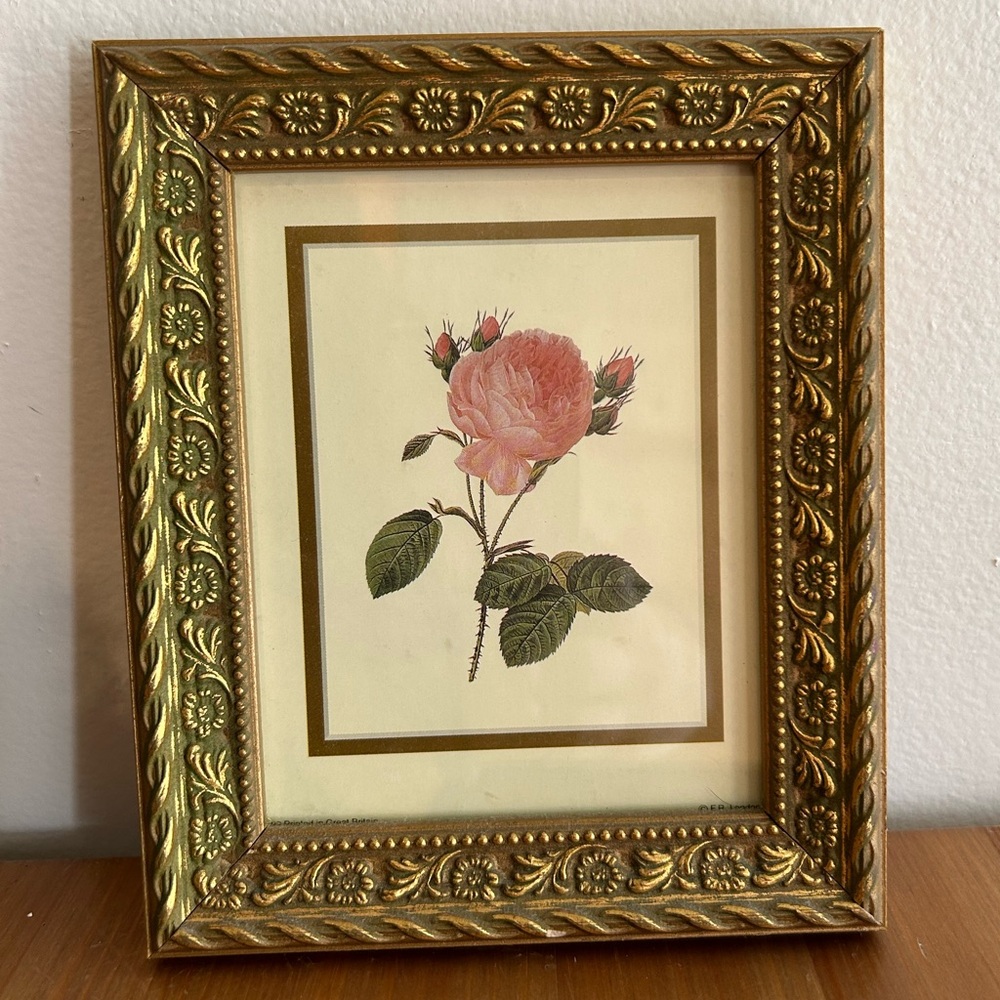 Small vintage Gold Ornate Framed Rose Art